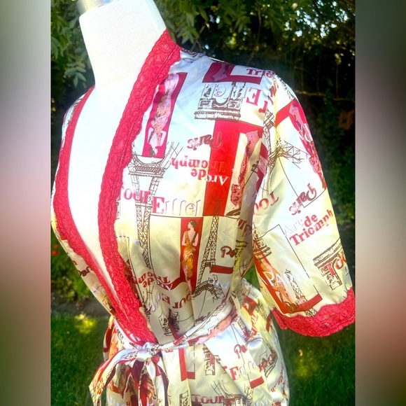 Chic Red and Cream Women's Silk Lace Swim Cover-Up ROBE - Picture 4 of 6